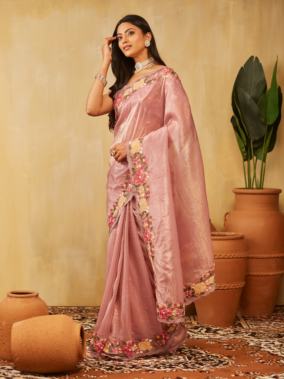 Dhiyona KS Women's Solid Embroidered Organza Saree