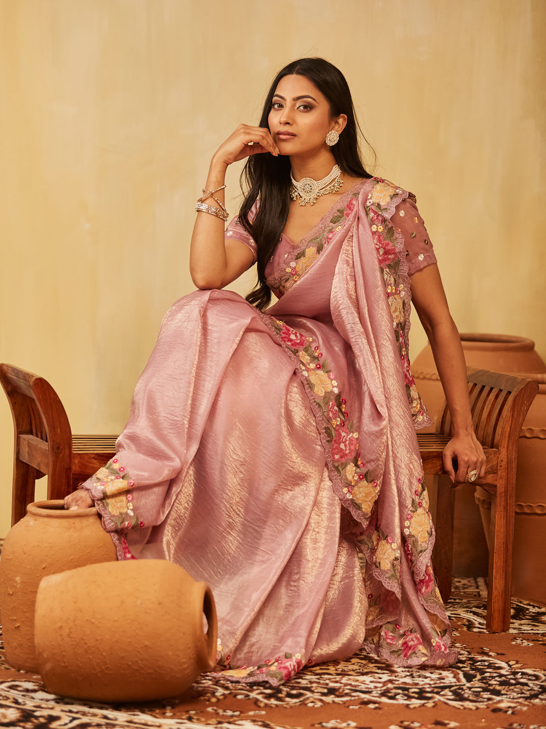 Dhiyona KS Women's Solid Embroidered Organza Saree