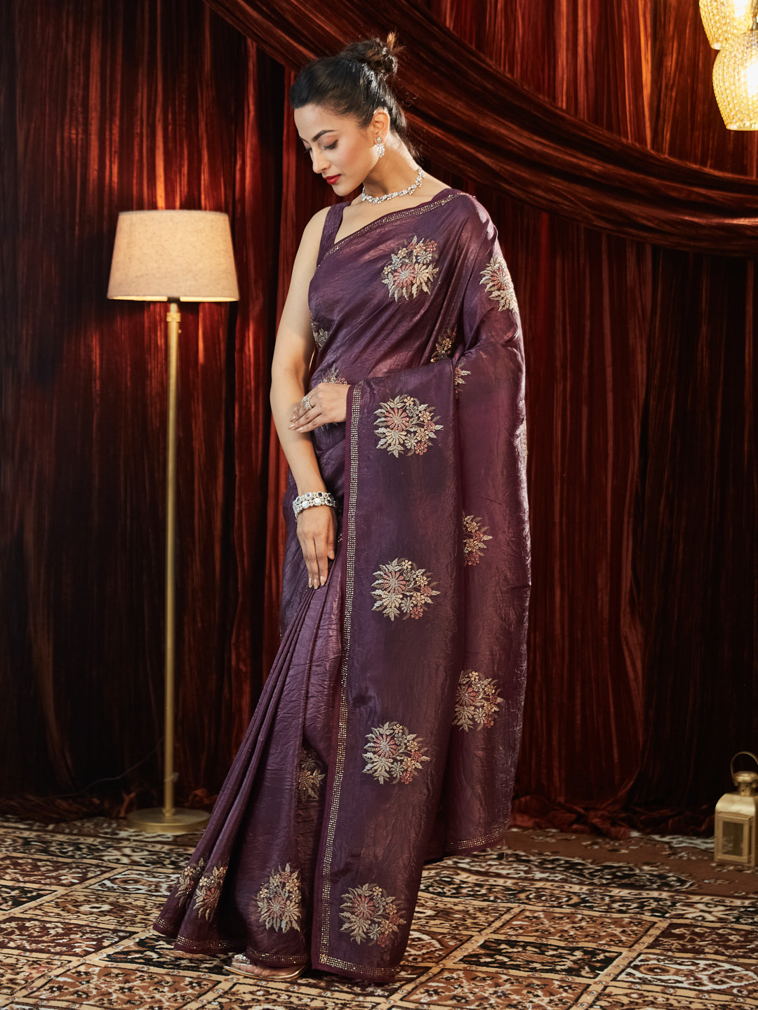 Dhiyona KS Women's Floral Embroidered Organza Saree