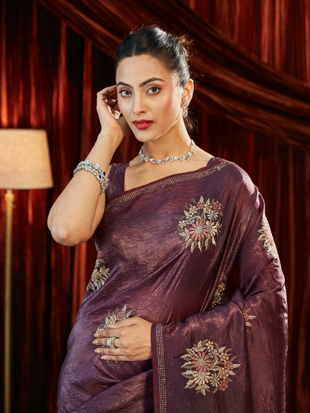 Dhiyona KS Women's Floral Embroidered Organza Saree