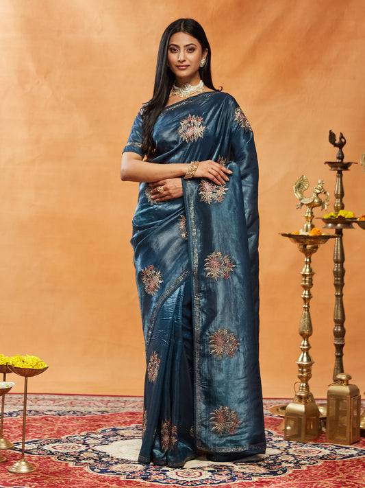 Dhiyona KS Women's Floral Embroidered Beads and Stones Saree
