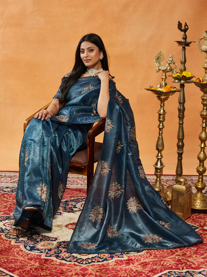 Dhiyona KS Women's Floral Embroidered Beads and Stones Saree
