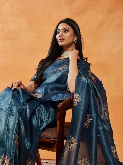Dhiyona KS Women's Floral Embroidered Beads and Stones Saree