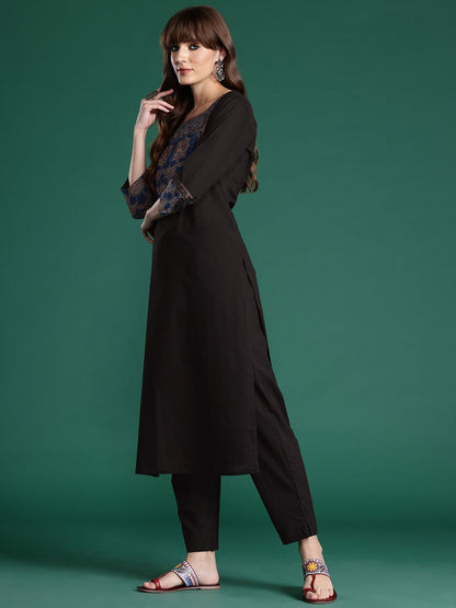 Dhiyona IE Ethnic Motifs Printed Mirror Work Pure Cotton Kurta with Trousers & With Dupatta