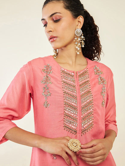 Dhiyona SO Women's Floral Embroidered Beads and Stones Kurta with Trousers