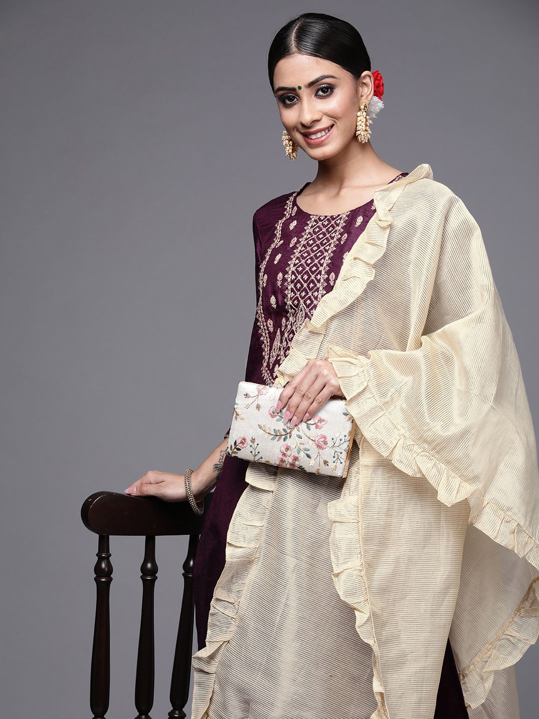 Dhiyona IE Women Purple & Cream Embroidered Gotta Patti Kurta with Trousers & Dupatta