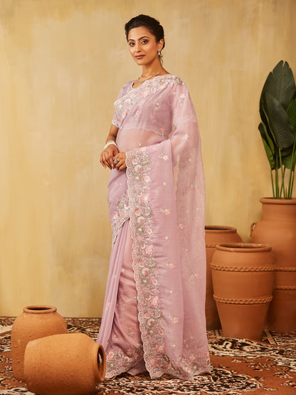 Dhiyona KS Women's Floral Embroidered Pure Chiffon Saree