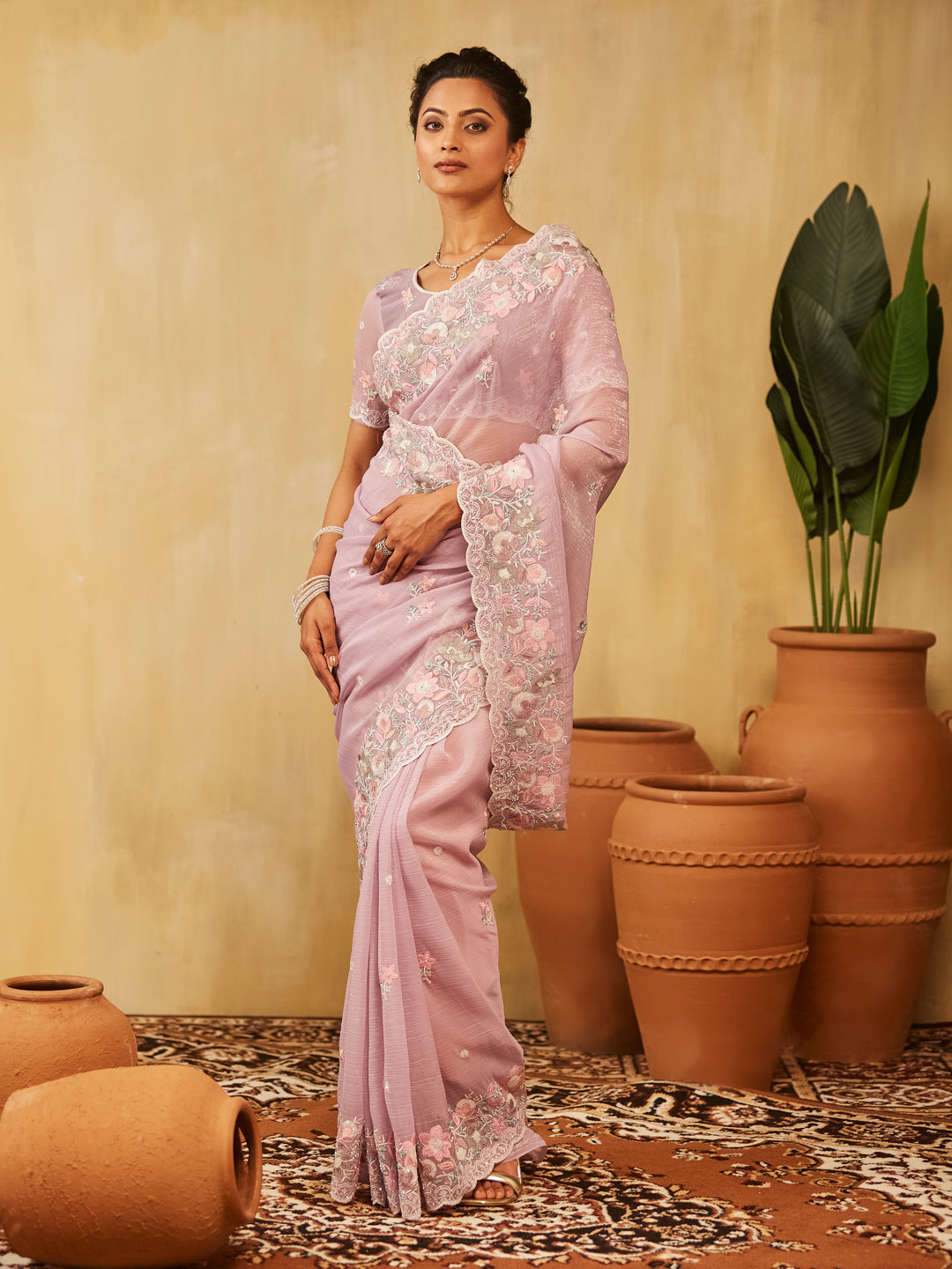 Dhiyona KS Women's Floral Embroidered Pure Chiffon Saree