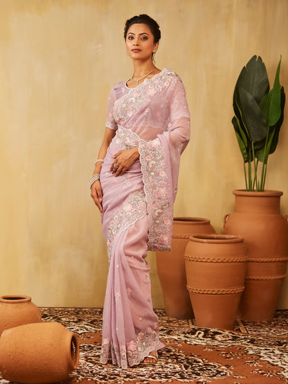 Dhiyona KS Women's Floral Embroidered Pure Chiffon Saree