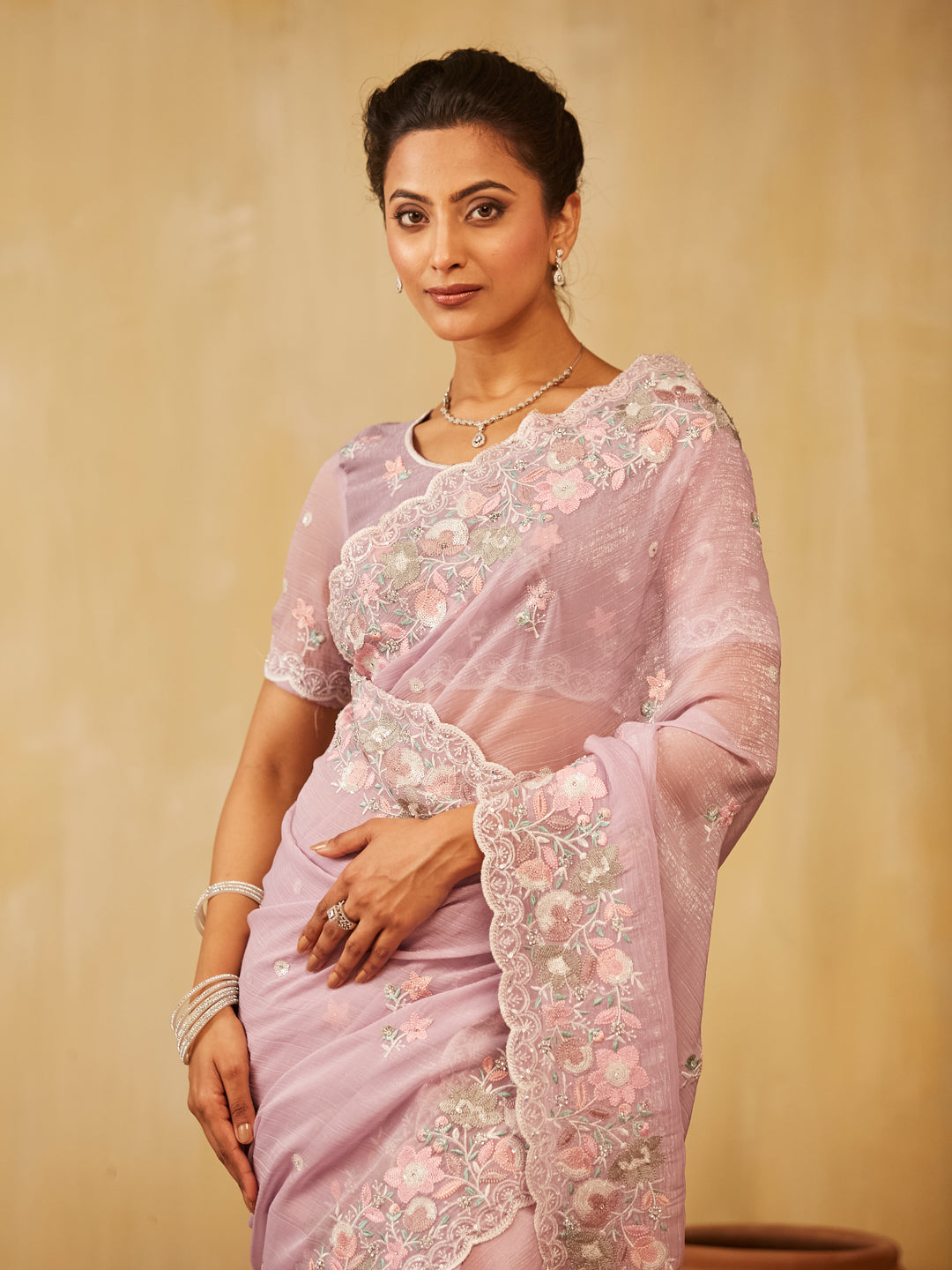 Dhiyona KS Women's Floral Embroidered Pure Chiffon Saree