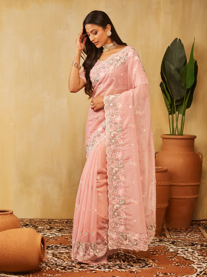 Dhiyona KS Women's Pure Chiffon Floral Embroidered Saree
