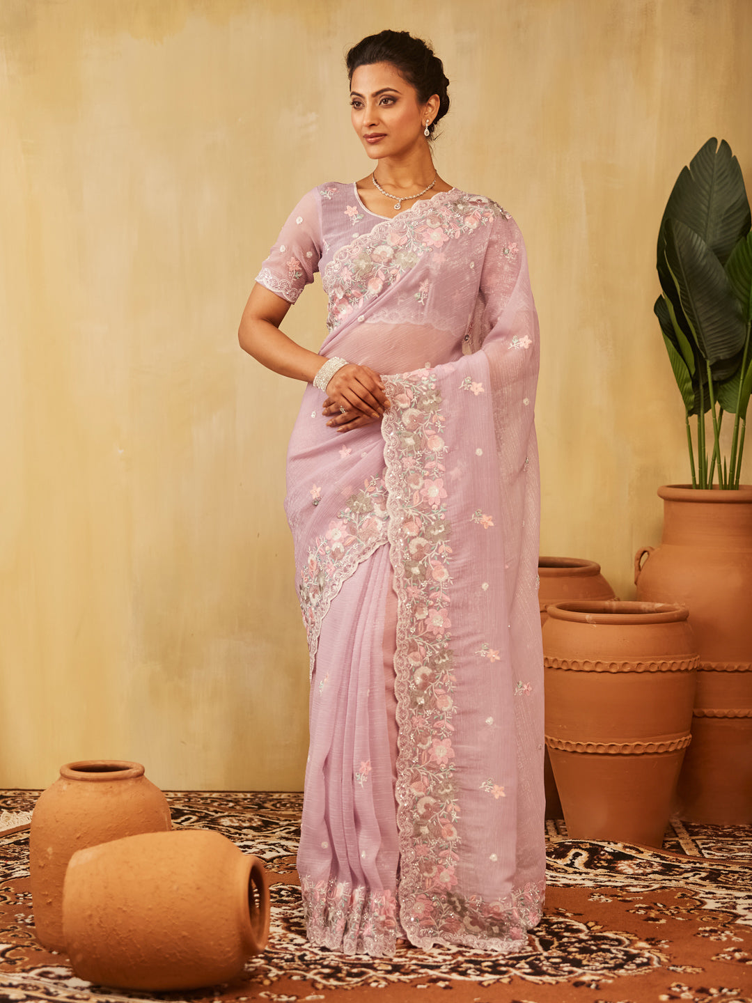 Dhiyona KS Women's Floral Embroidered Pure Chiffon Saree