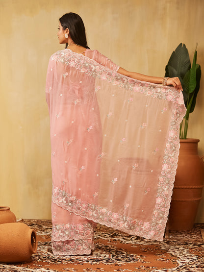 Dhiyona KS Women's Pure Chiffon Floral Embroidered Saree