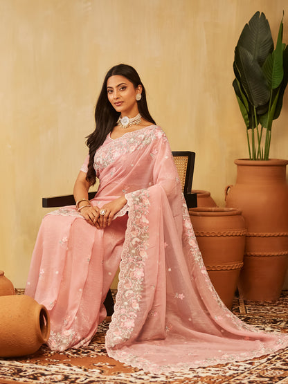 Dhiyona KS Women's Pure Chiffon Floral Embroidered Saree