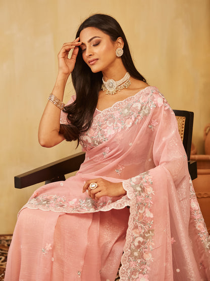 Dhiyona KS Women's Pure Chiffon Floral Embroidered Saree