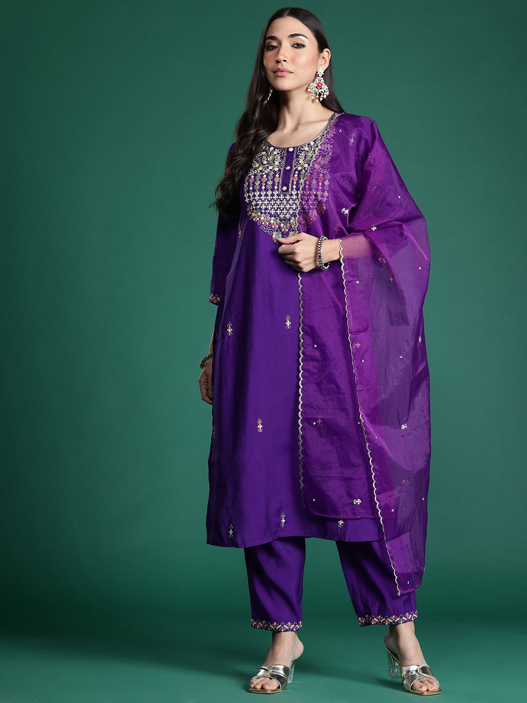 Ethnic Motifs Embroidered Sequinned Kurta with Trousers & With Dupatta