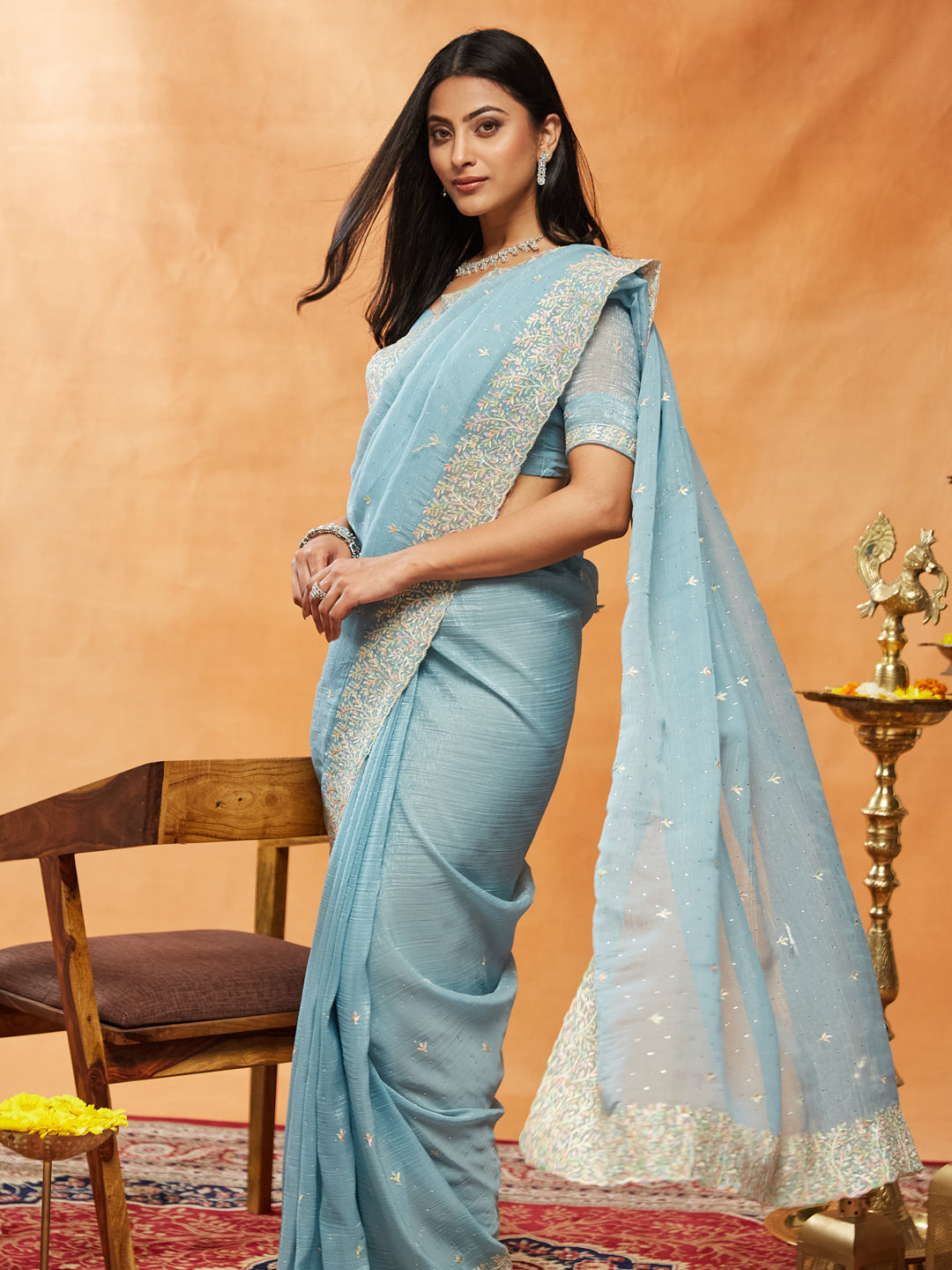 Dhiyona KS Women's Embellished Embroidered Pure Chiffon Saree