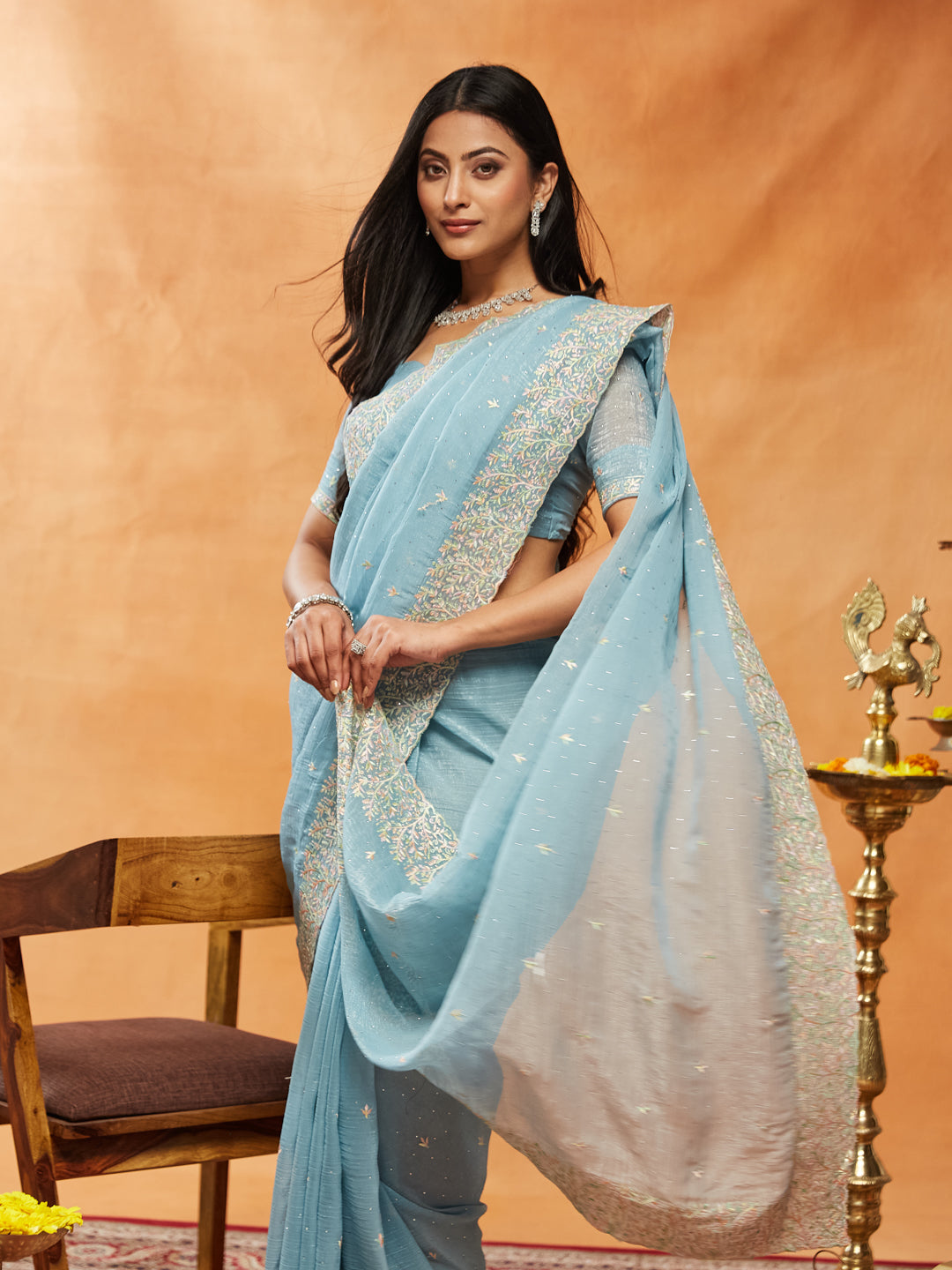 Dhiyona KS Women's Embellished Embroidered Pure Chiffon Saree