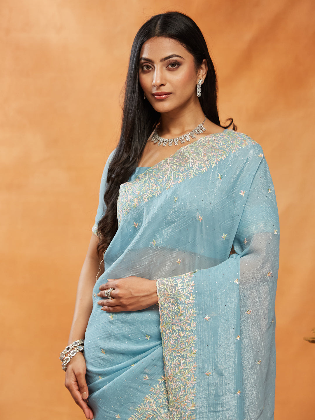 Dhiyona KS Women's Embellished Embroidered Pure Chiffon Saree