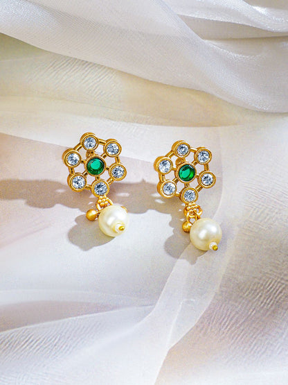 Dhiyona RJ Women's 22K Gold-Plated White Pearl Beaded Necklace Set with Emerald & CZ Studded Pendant