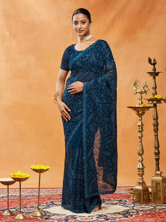 Dhiyona KS Women's Woven Design Embroidered Pure Georgette Saree