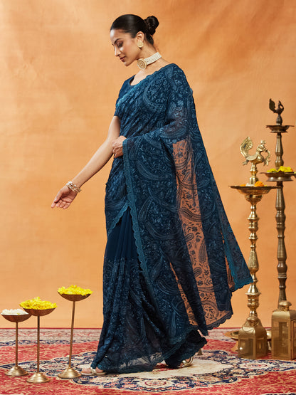 Dhiyona KS Women's Woven Design Embroidered Pure Georgette Saree
