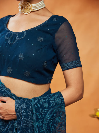 Dhiyona KS Women's Woven Design Embroidered Pure Georgette Saree