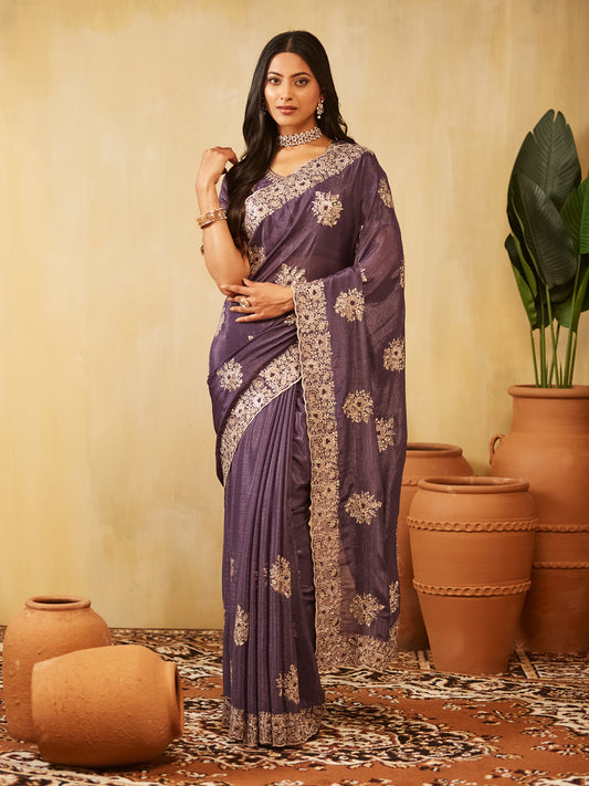 Dhiyona KS Women's Floral Embroidered Pure Chiffon Saree