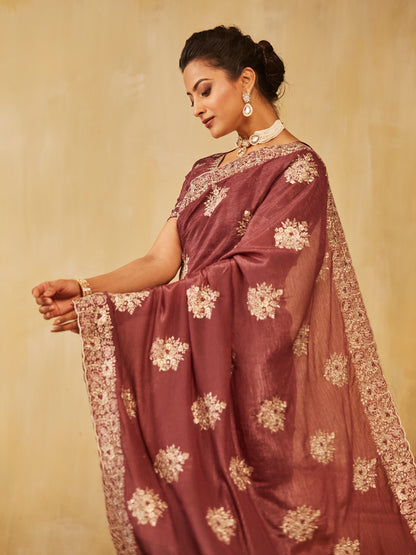 Dhiyona KS Women's Floral Embroidered Pure Chiffon Saree