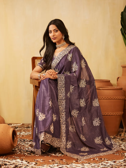 Dhiyona KS Women's Floral Embroidered Pure Chiffon Saree