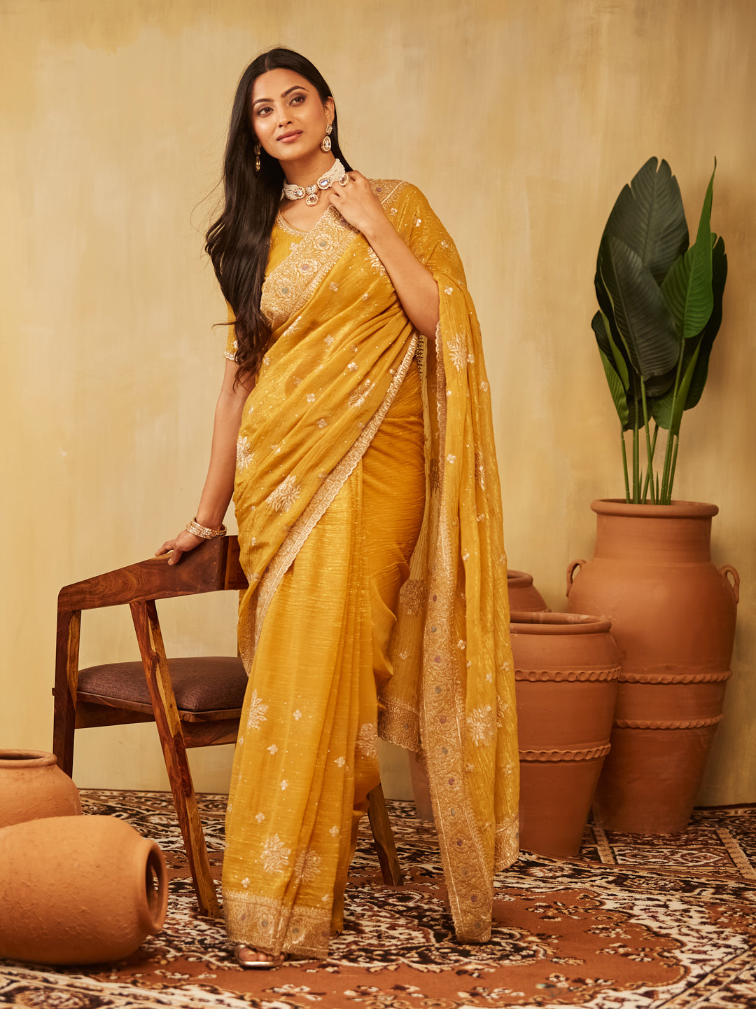 Dhiyona KS Women's Embellished Embroidered Pure Chiffon Saree