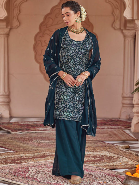 Dhiyona WP Women Embroidered Regular Sequinned Kurta with Sharara & With Dupatta