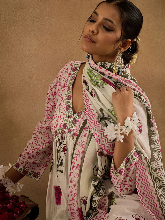 Floral Printed V-Neck Cotton Empire Anarkali Kurta With Trousers & Dupatta