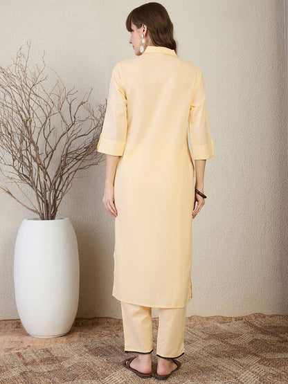 Floral Embroidered Shirt Collar Thread Work Pure Cotton Straight Kurta & Trouser