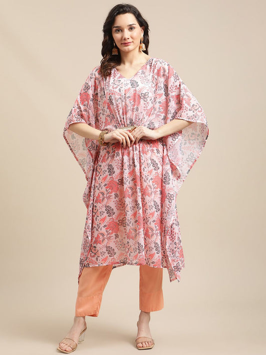 Dhiyona VA Women's Peach-Coloured Ethnic Motifs Printed Kaftan Kurta with Trousers