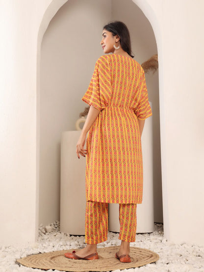 Dhiyona VA Women'sFloral Printed V-Neck Pure Cotton Kaftan Kurta With Trouser