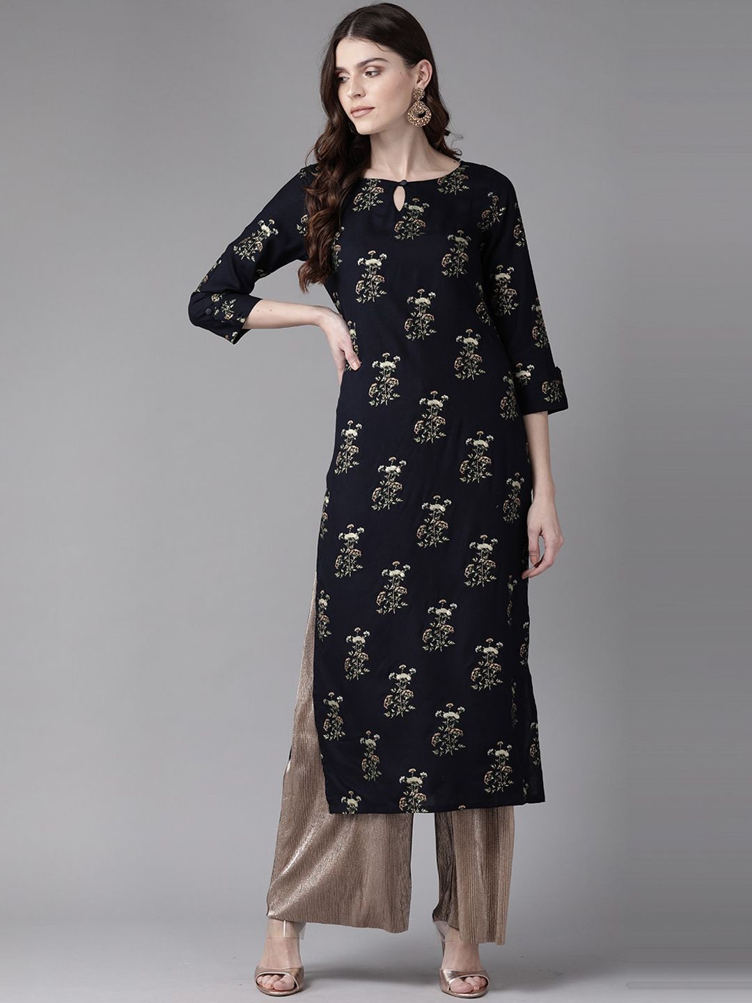 Dhiyona IE Women Navy Blue & White Floral Printed Keyhole Neck Kurta