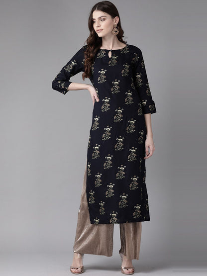 Dhiyona IE Women Navy Blue & White Floral Printed Keyhole Neck Kurta