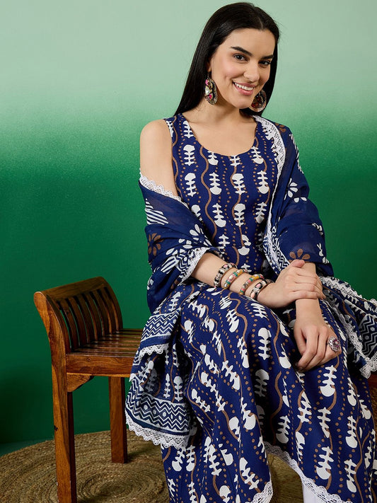 Dhiyona SN Women's Blue Ethnic Motifs Round Neck Gotta Patti Anarkali Kurta With Trousers & Dupatta