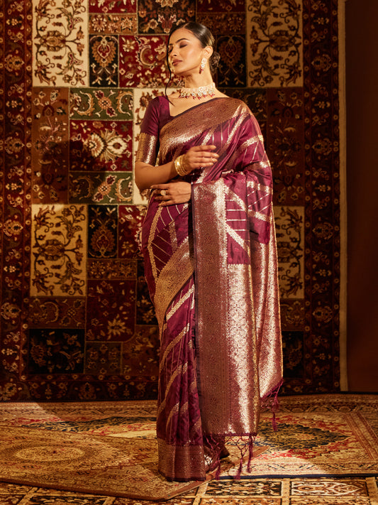Dhiyona KS Women's Striped Zari Banarasi Saree