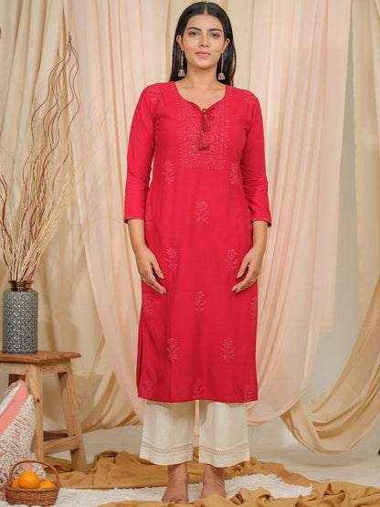 Dhiyona OD  Floral Embroidered Tie-Up Neck Thread Work Straight Kurta