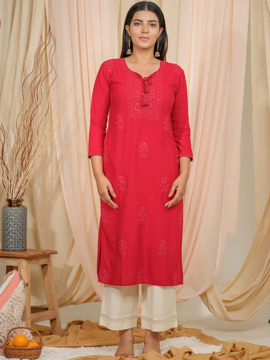 Dhiyona OD  Floral Embroidered Tie-Up Neck Thread Work Straight Kurta