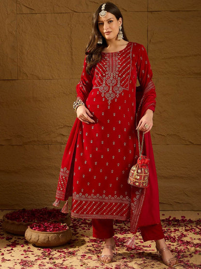 Dhiyona PD Women Embroidered Velvet Straight Kurta With Trousers And Dupatta