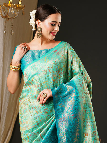 Women's Kanjeevaram Silk Blue Woven Design Celebrity Saree With Blouse Piece