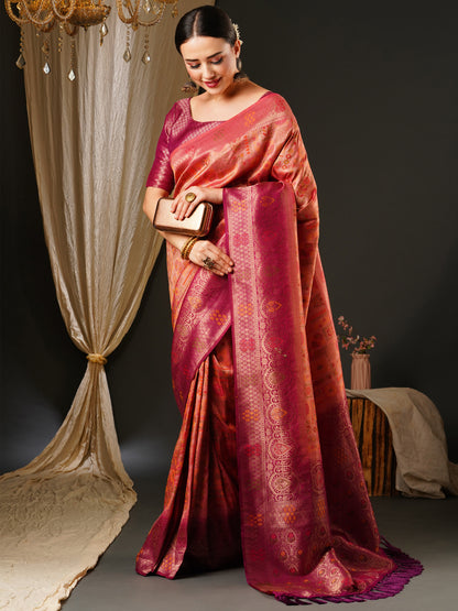 Women's Kanjeevaram Silk Pink Woven Design Celebrity Saree With Blouse Piece