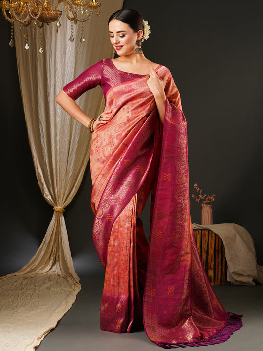 Women's Kanjeevaram Silk Pink Woven Design Celebrity Saree With Blouse Piece