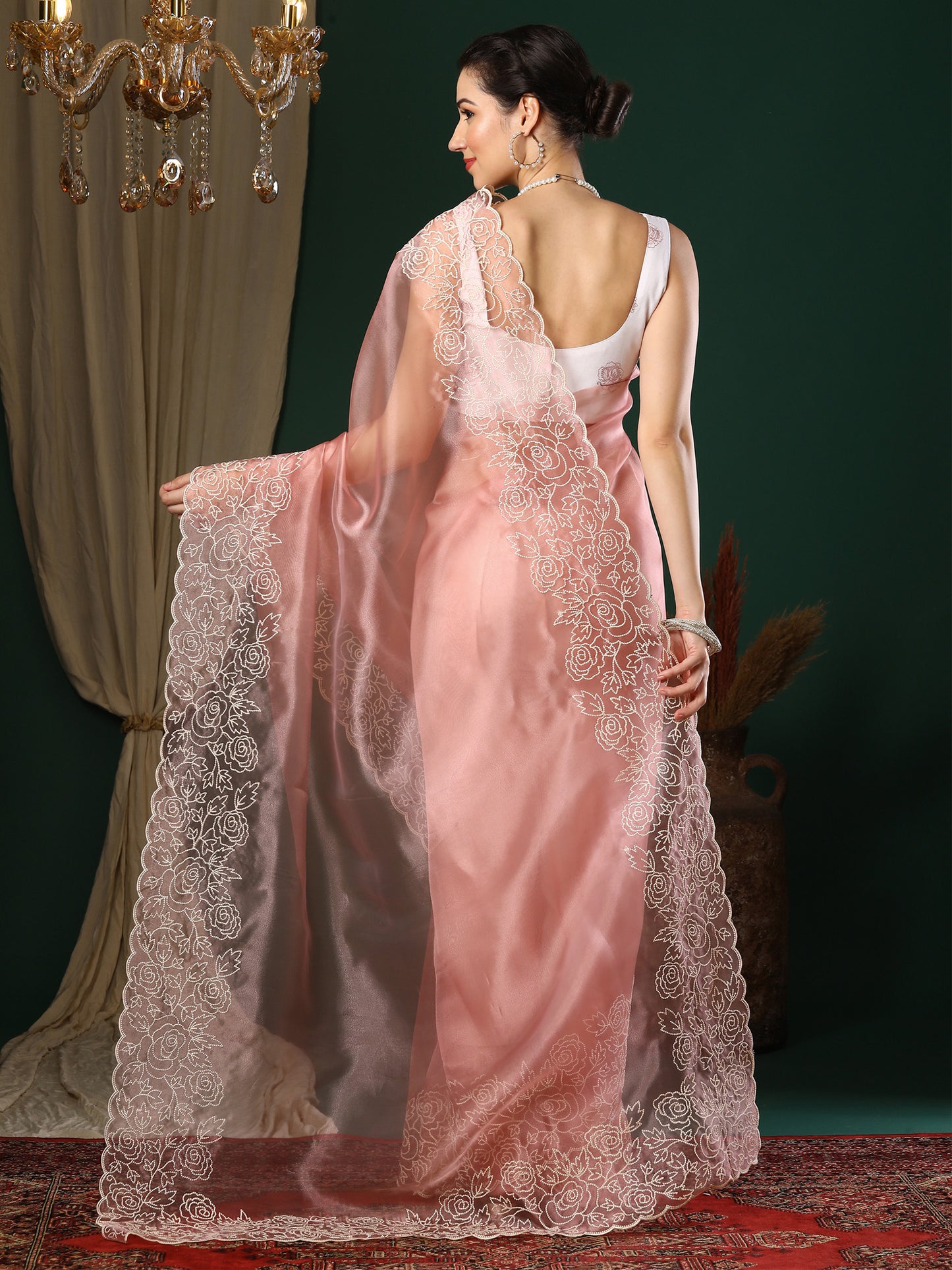 Women's Organza Peach Embroidered Designer Saree With Blouse Piece