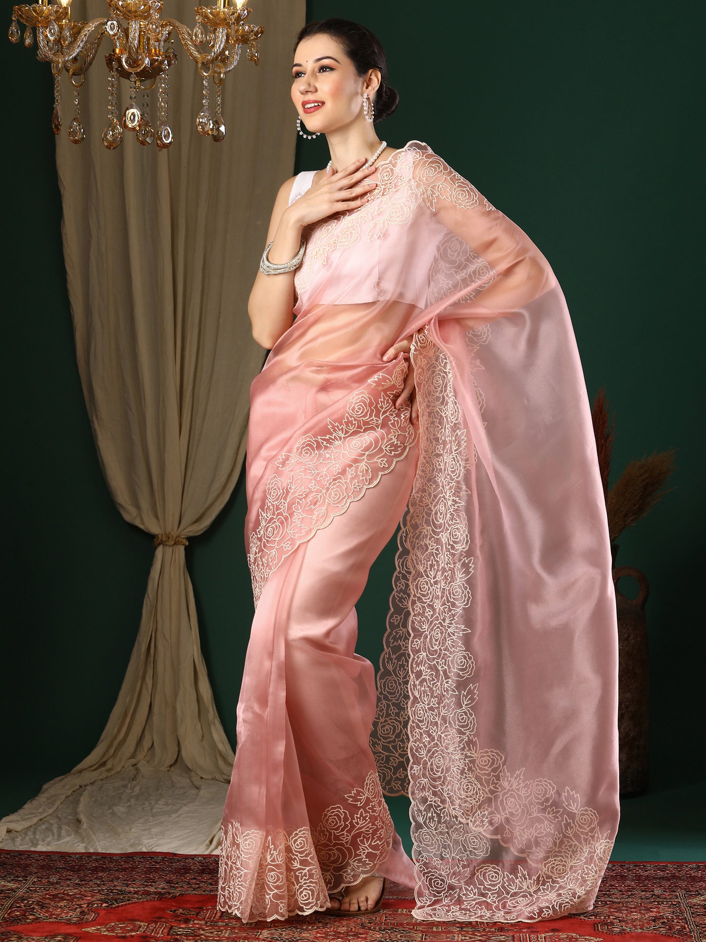 Women's Organza Peach Embroidered Designer Saree With Blouse Piece