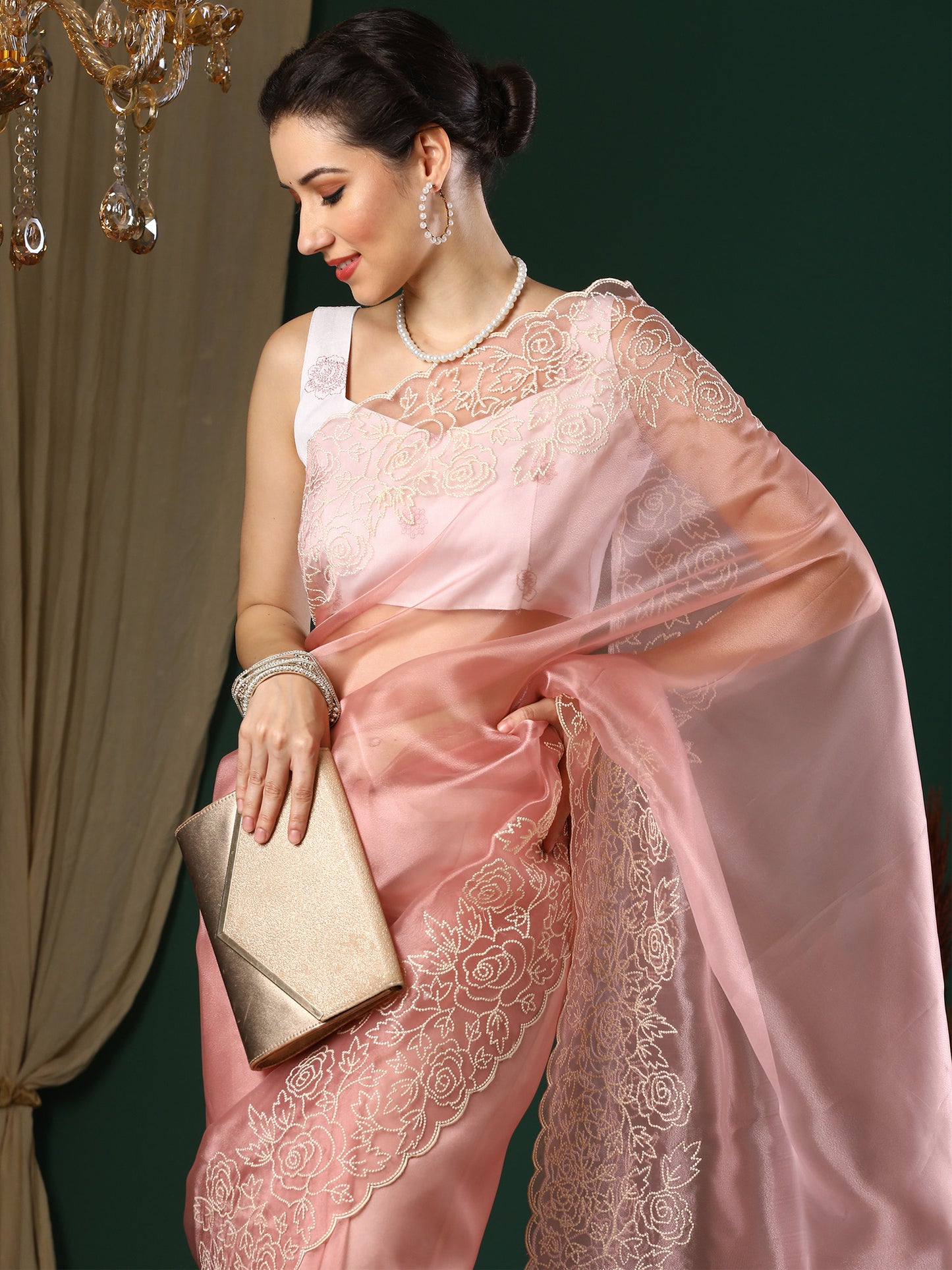 Women's Organza Peach Embroidered Designer Saree With Blouse Piece