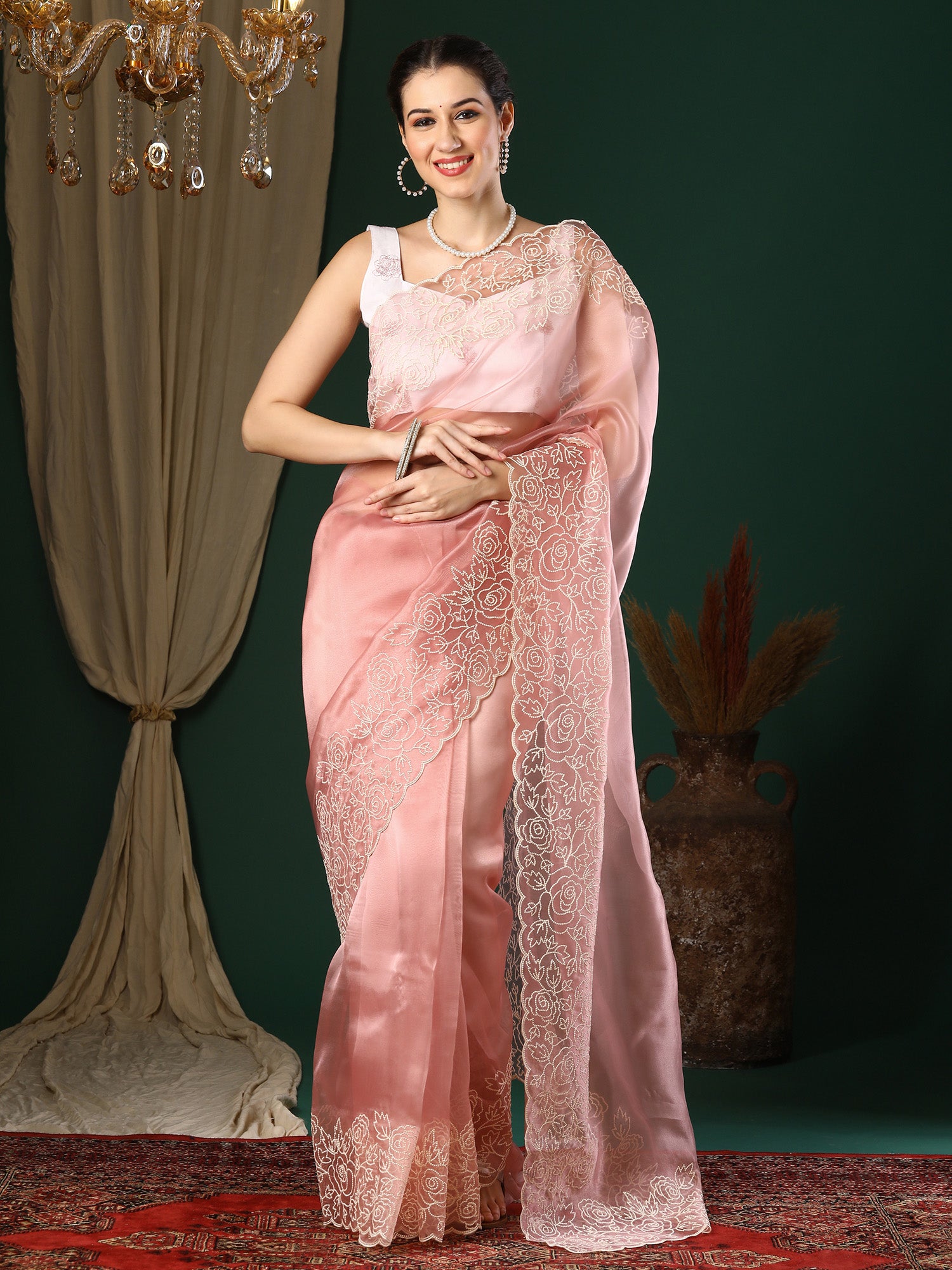 Women's Organza Peach Embroidered Designer Saree With Blouse Piece